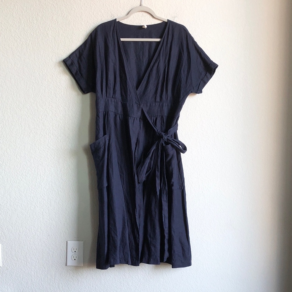 Grae Cove Linen Short Sleeve Wrap Midi Dress Navy Blue Layering Lagenlook L